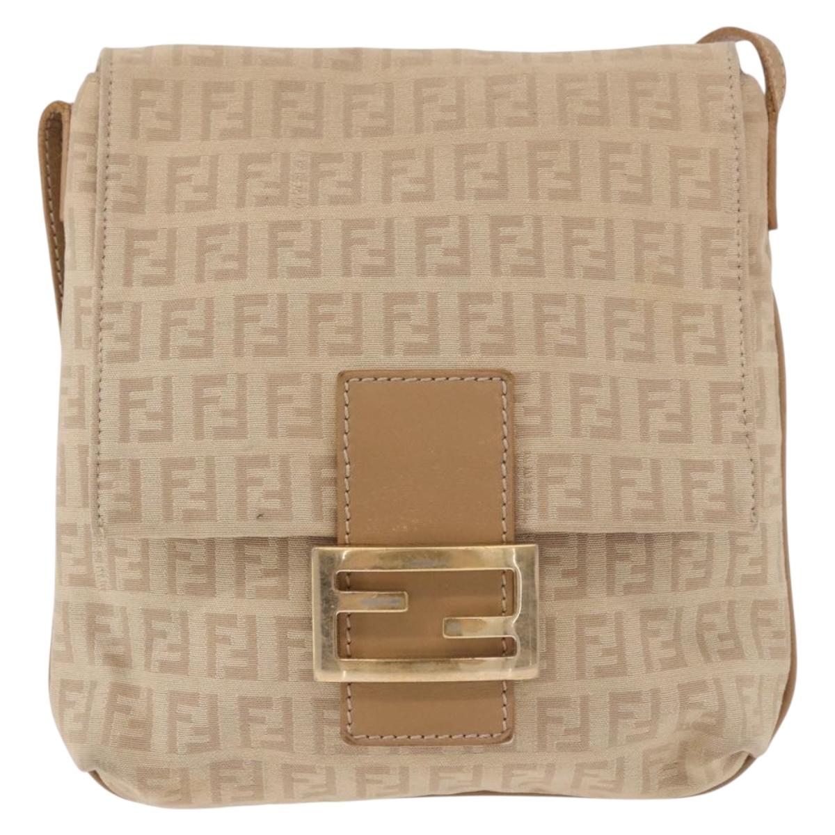 FENDI Zucchino Canvas Mamma Baguette Shoulder Bag Beige Gold Auth 186319A