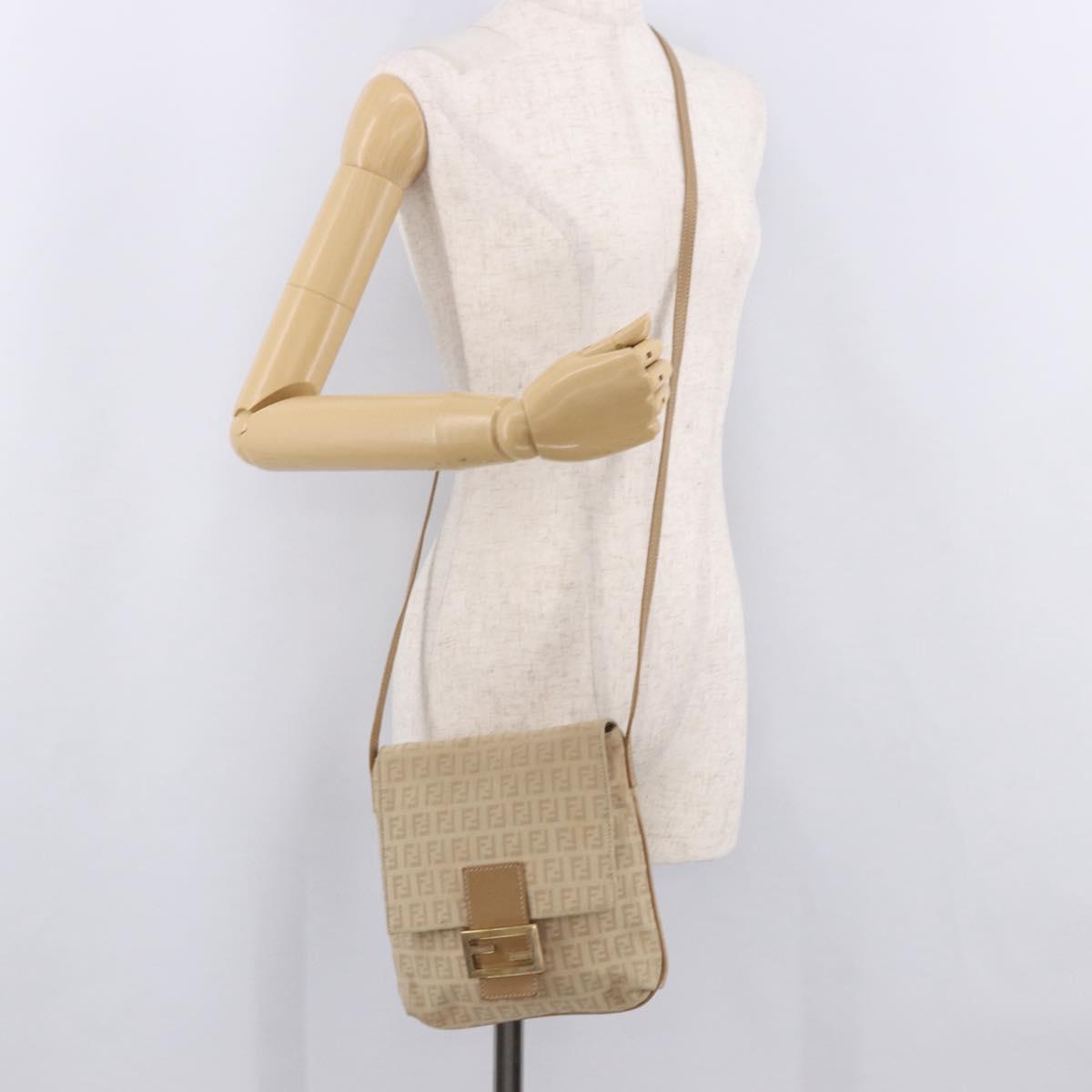 FENDI Zucchino Canvas Mamma Baguette Shoulder Bag Beige Gold Auth 186319A