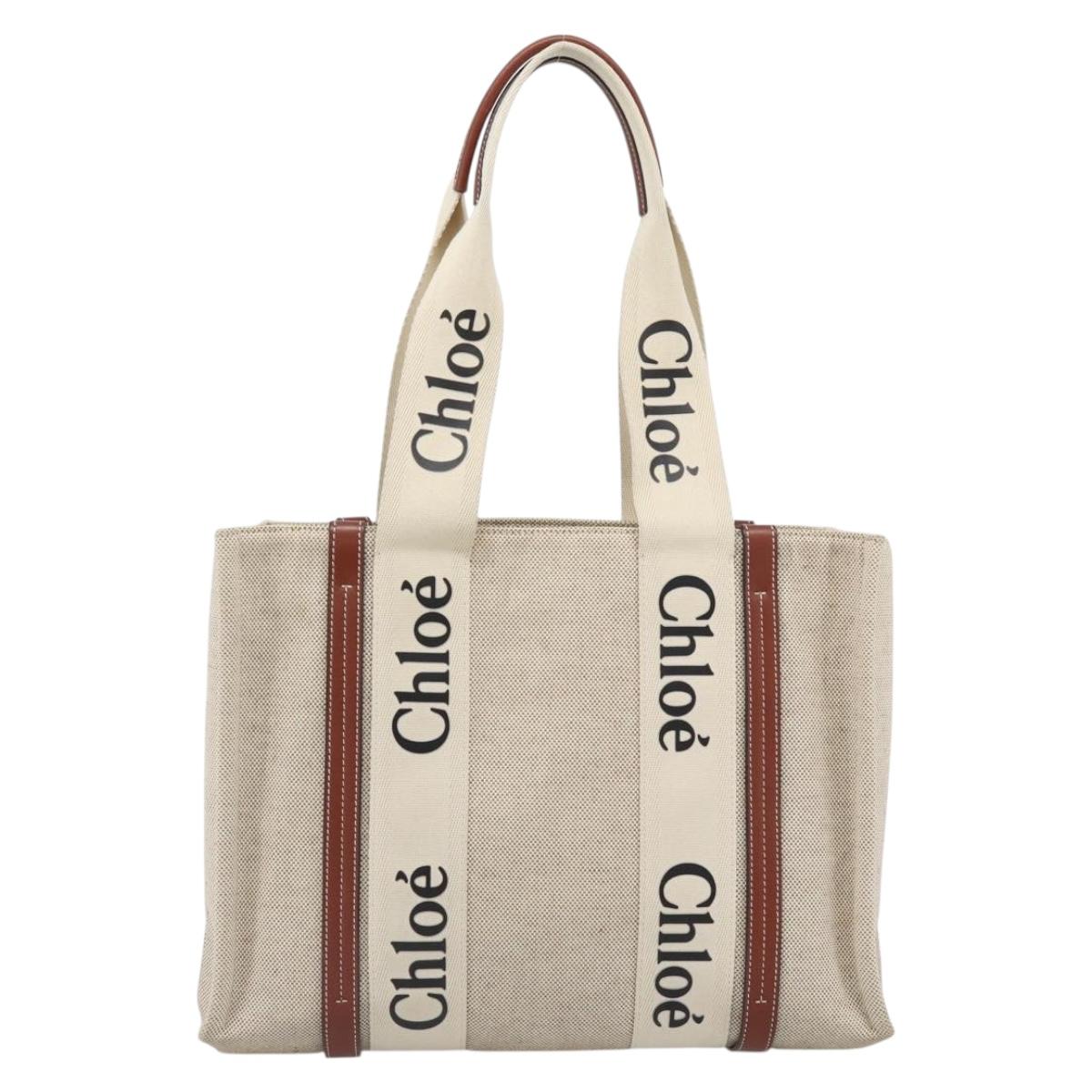 Chloe Woody Tote Bag Canvas Beige Auth 186322A