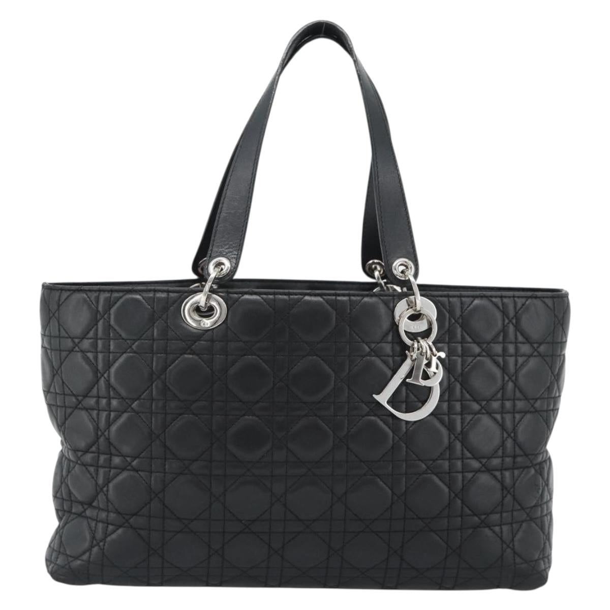 Christian Dior Large Shopper Canage Tote Bag Lamb Skin Black Silver Auth 186330A