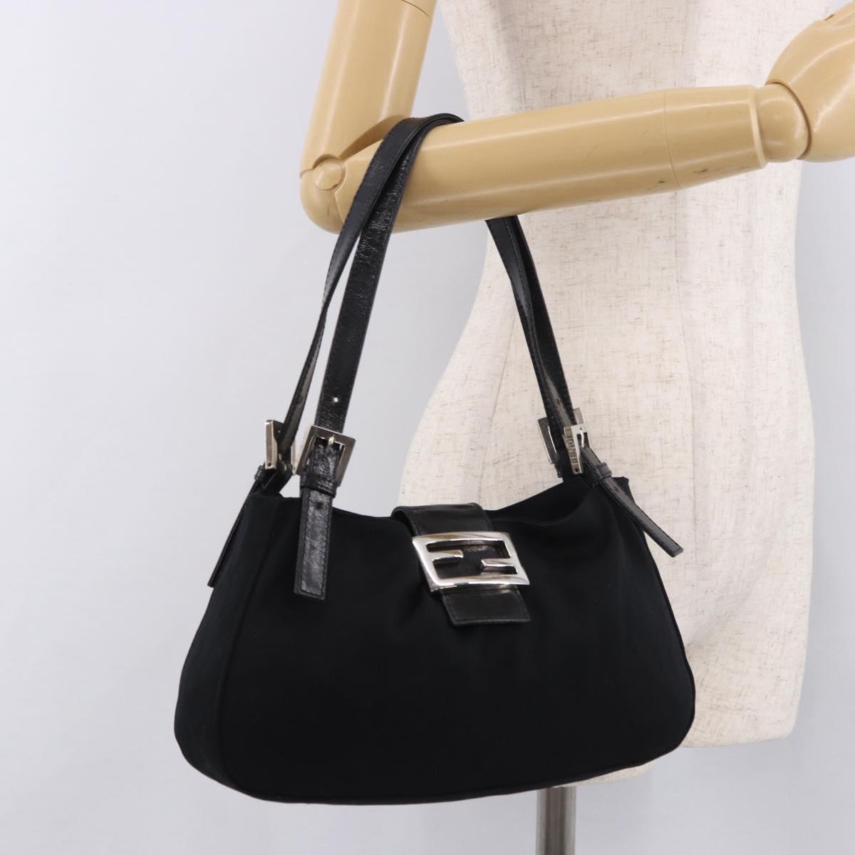 FENDI Mamma Baguette Shoulder Bag Cotton jersey Black Silver Auth 186336