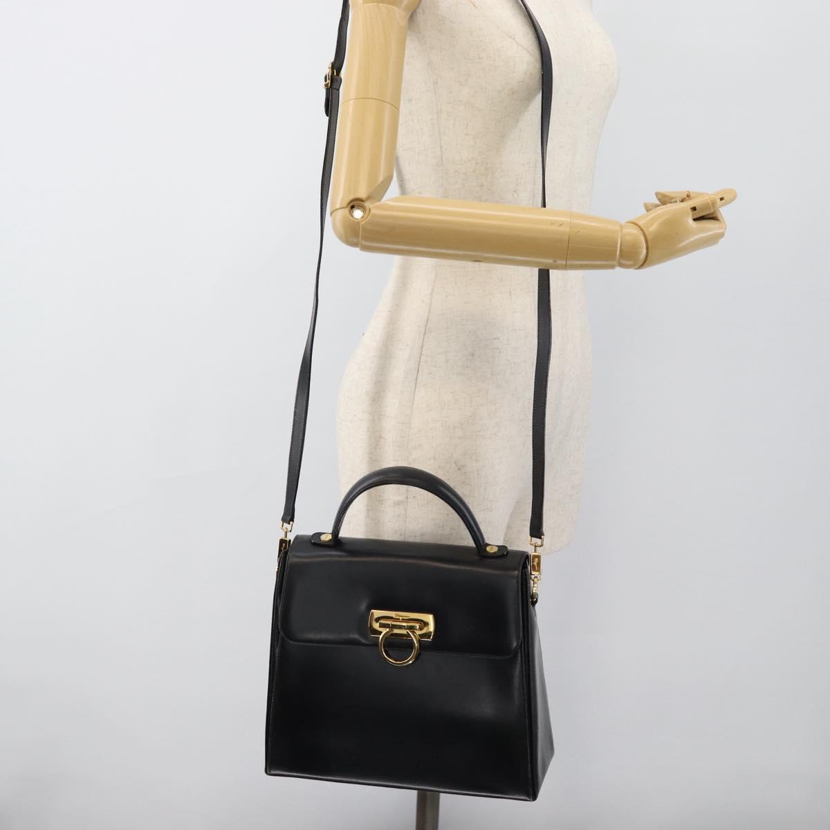 Salvatore Ferragamo Gancini Hand Bag Leather 2way Black Gold Auth 186374