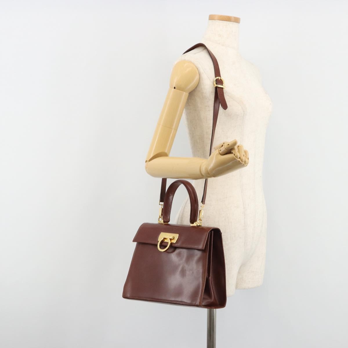 Salvatore Ferragamo Gancini Hand Bag Leather 2way Brown Gold Auth 186375