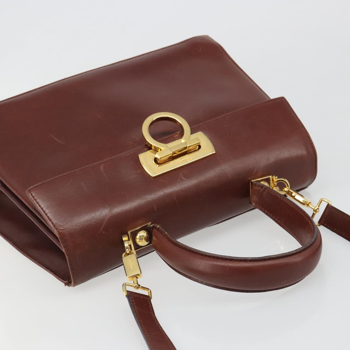 Salvatore Ferragamo Gancini Hand Bag Leather 2way Brown Gold Auth 186375