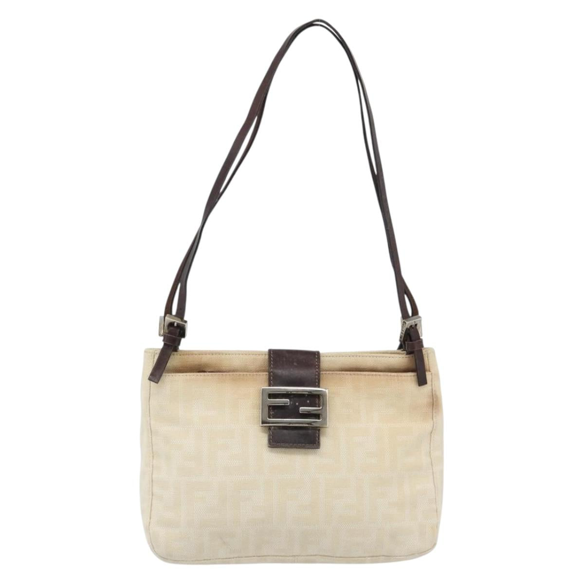 FENDI Zucca Canvas Mamma Baguette Shoulder Bag Beige Silver Auth 186380