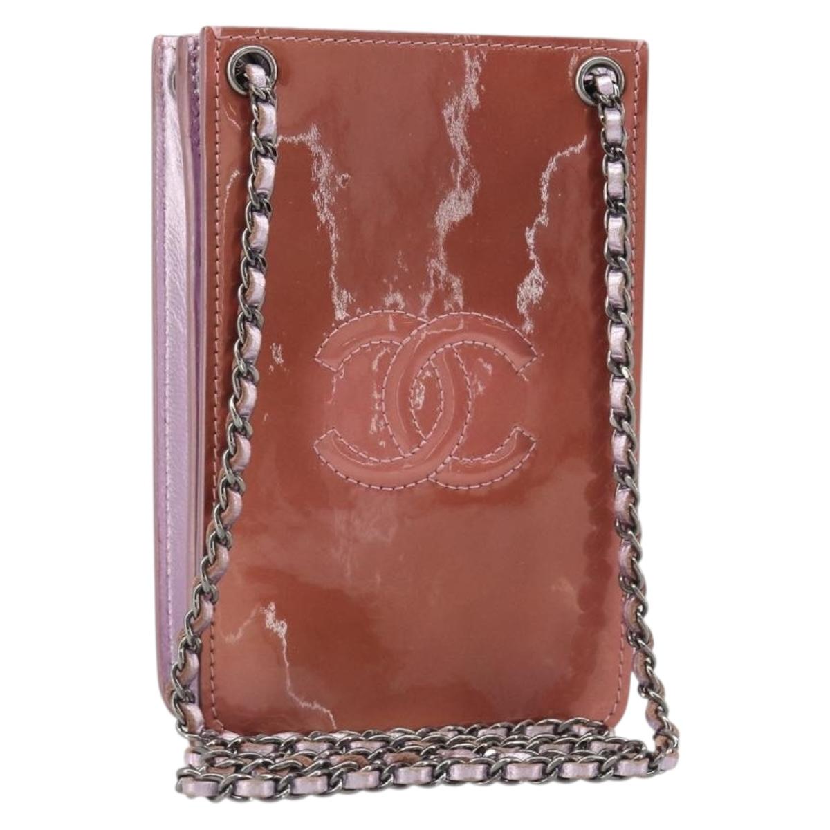 CHANEL Chain Shoulder Bag Patent Leather Pink Silver CC Auth 186401A