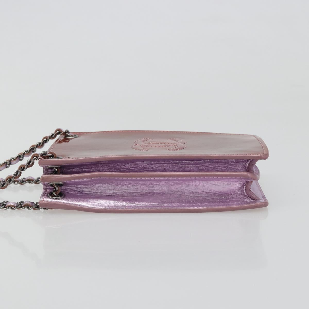 CHANEL Chain Shoulder Bag Patent Leather Pink Silver CC Auth 186401A