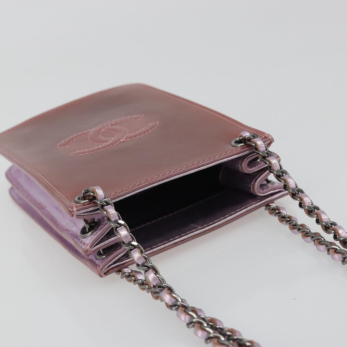 CHANEL Chain Shoulder Bag Patent Leather Pink Silver CC Auth 186401A