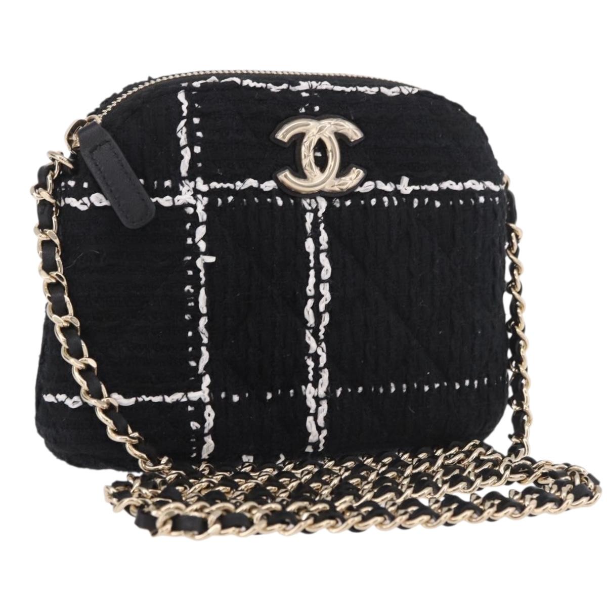 CHANEL Matelasse Chain Shoulder Bag Tweed Black Gold CC Auth 186402M