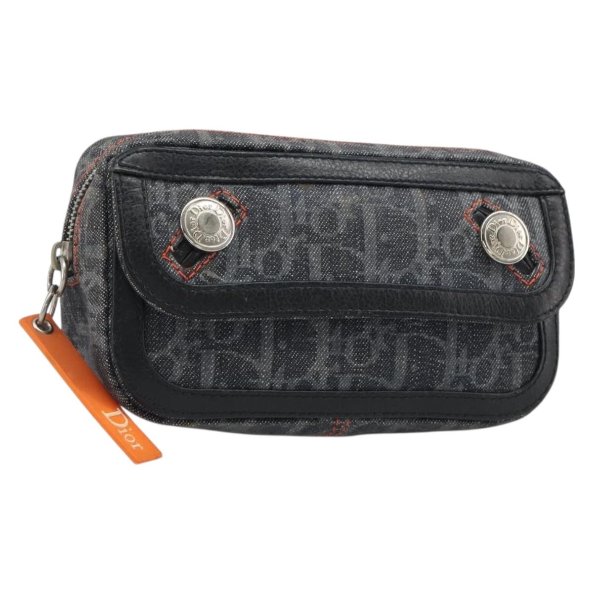 Christian Dior Trotter Canvas Flight Pouch Black Silver Auth 186406