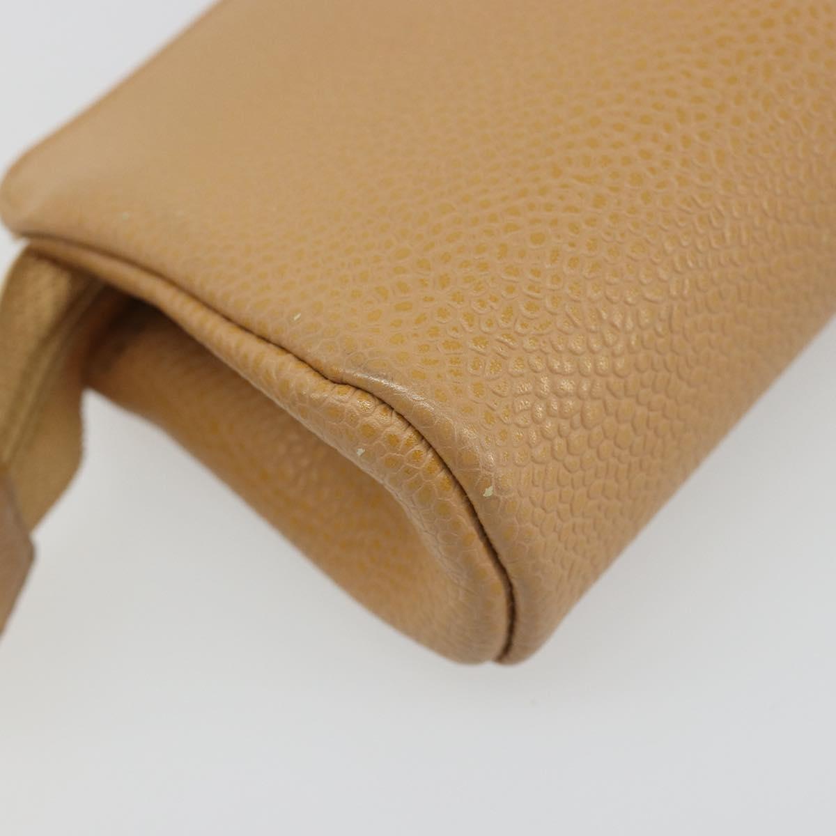 CHANEL COCO Mark Cosmetic Pouch Caviar Skin Beige Gold CC Auth 186407