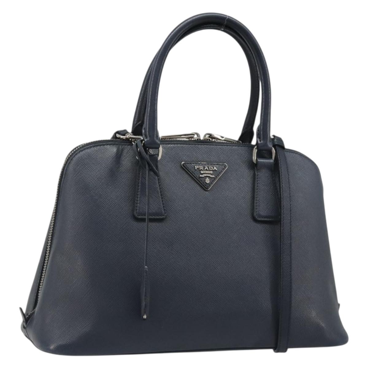 PRADA Hand Bag Safiano Leather 2way Navy Silver Auth 186429A