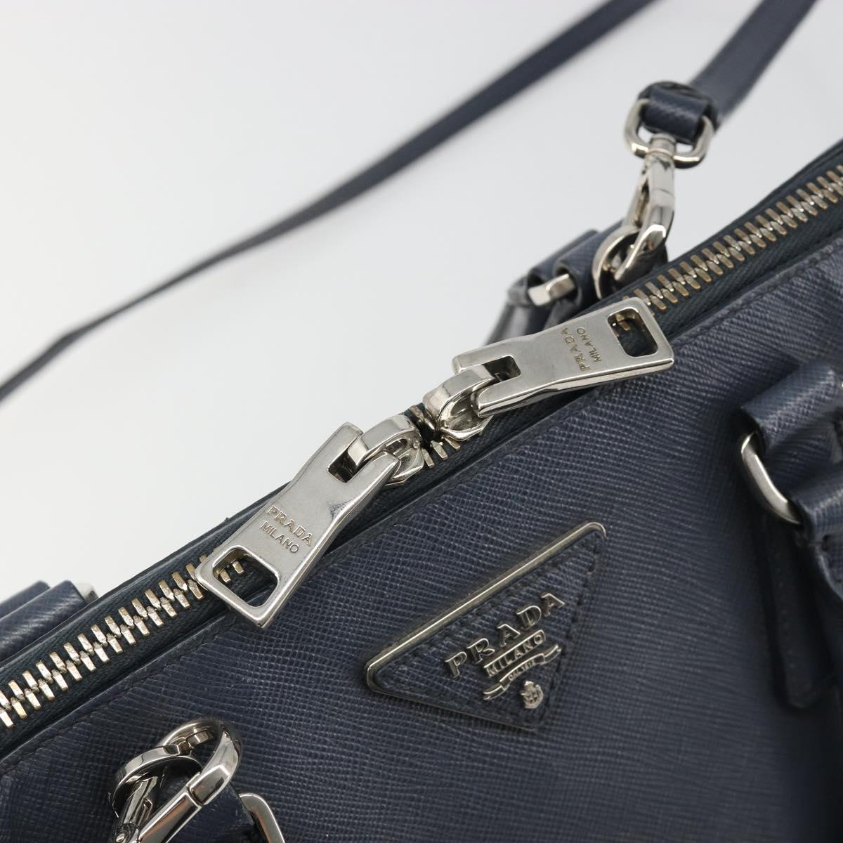 PRADA Hand Bag Safiano Leather 2way Navy Silver Auth 186429A