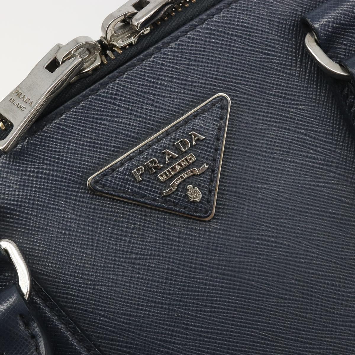 PRADA Hand Bag Safiano Leather 2way Navy Silver Auth 186429A