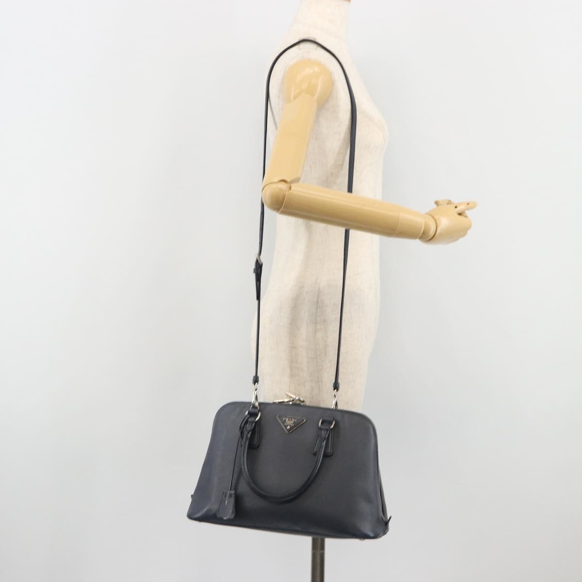 PRADA Hand Bag Safiano Leather 2way Navy Silver Auth 186429A