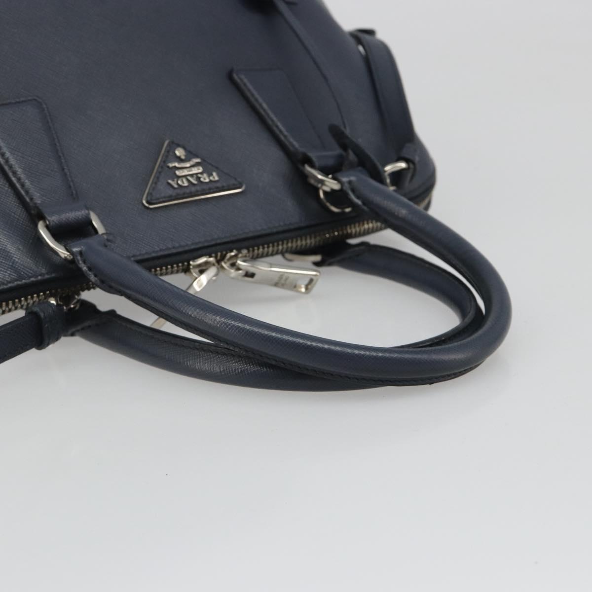 PRADA Hand Bag Safiano Leather 2way Navy Silver Auth 186429A