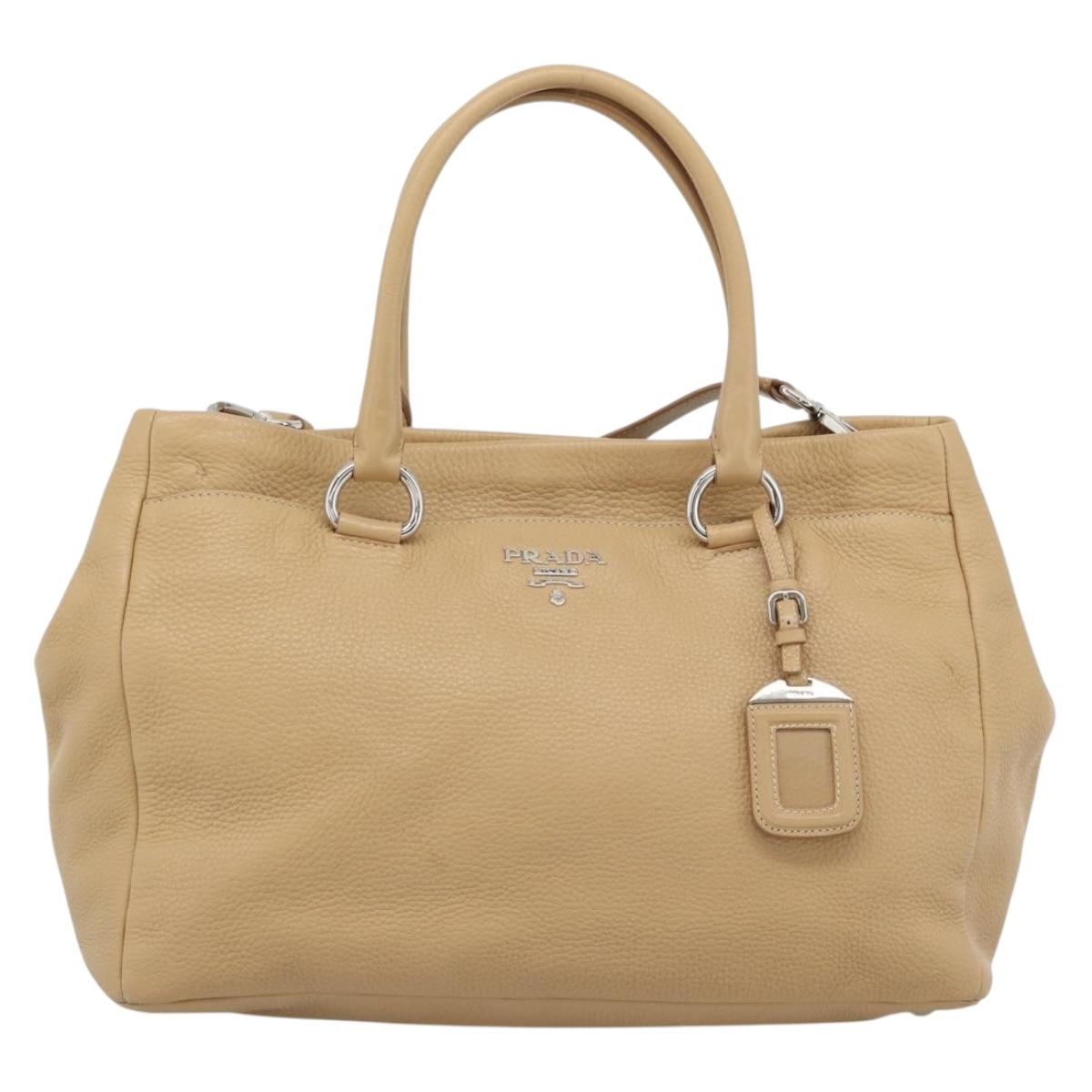 PRADA Hand Bag Vittero Dino Leather 2way Beige Silver Auth 186431V