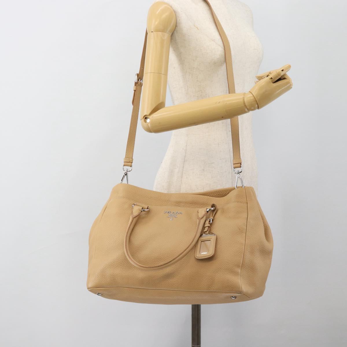 PRADA Hand Bag Vittero Dino Leather 2way Beige Silver Auth 186431V