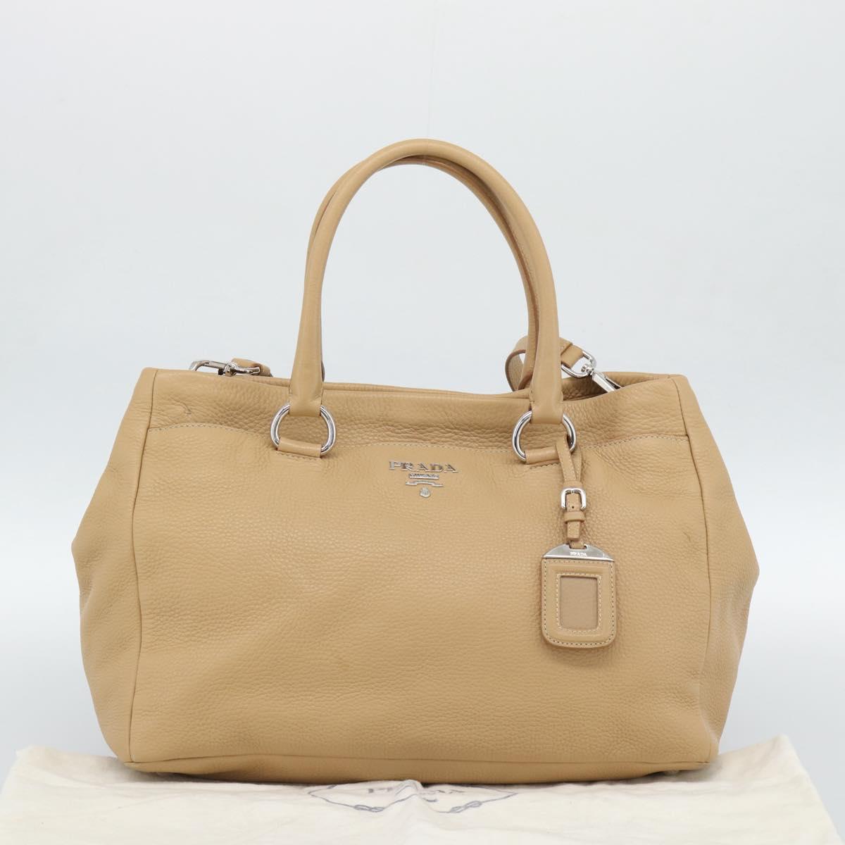 PRADA Hand Bag Vittero Dino Leather 2way Beige Silver Auth 186431V