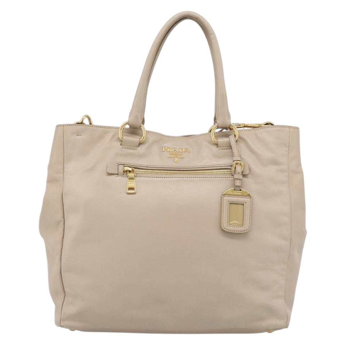 PRADA Hand Bag Leather 2way Beige Gold Auth 186432A