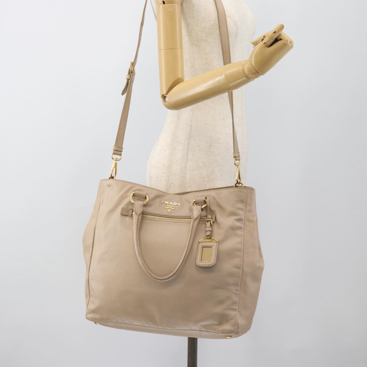 PRADA Hand Bag Leather 2way Beige Gold Auth 186432A