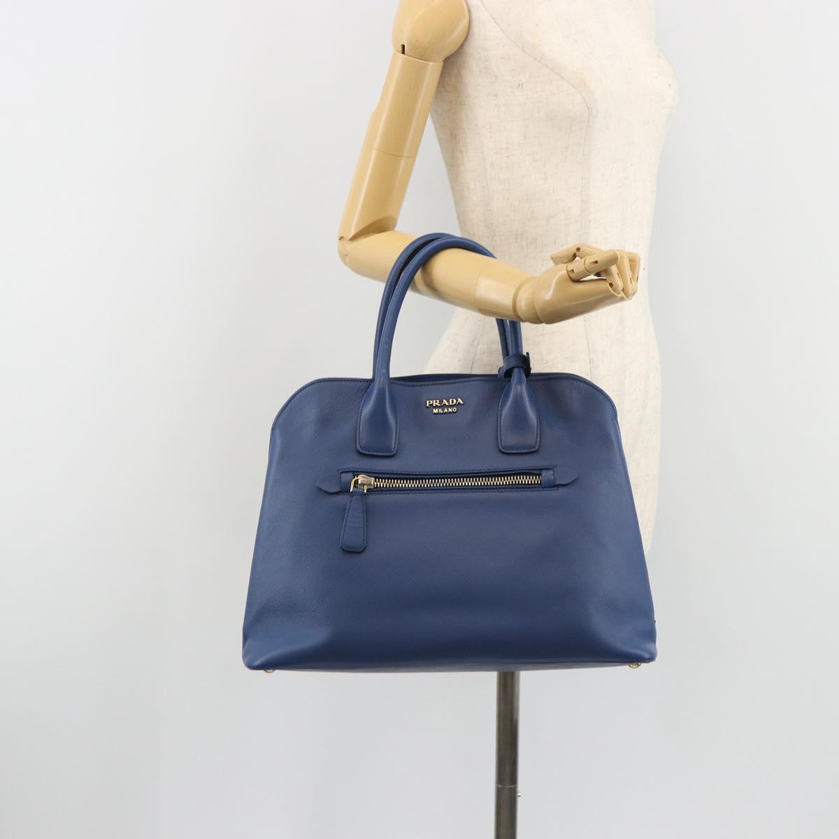 PRADA Hand Bag Safiano Leather Blue Gold Auth 186433A