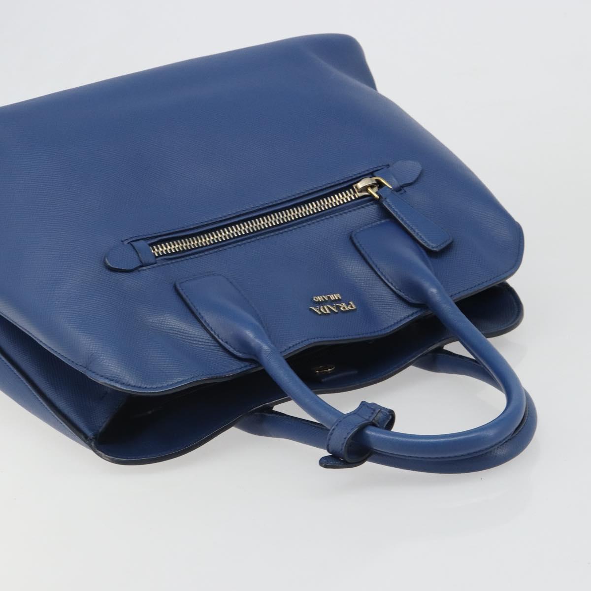 PRADA Hand Bag Safiano Leather Blue Gold Auth 186433A