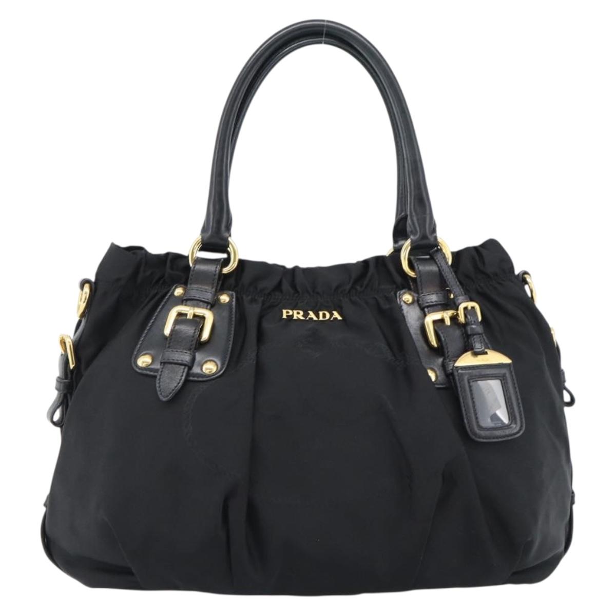 PRADA Hand Bag Nylon Black Gold Auth 186434V