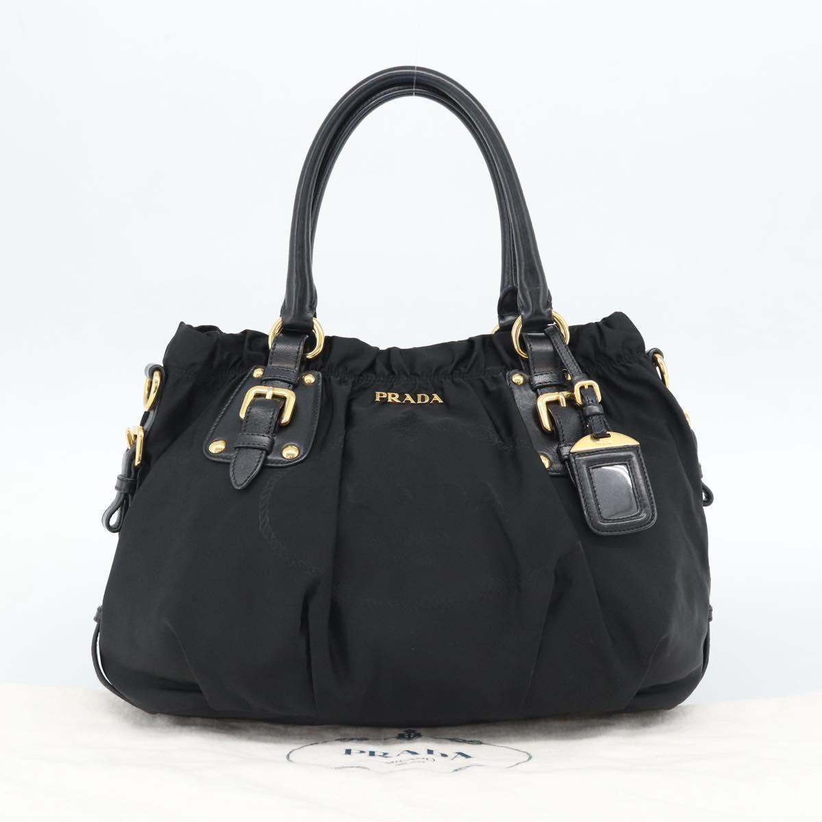 PRADA Hand Bag Nylon Black Gold Auth 186434V