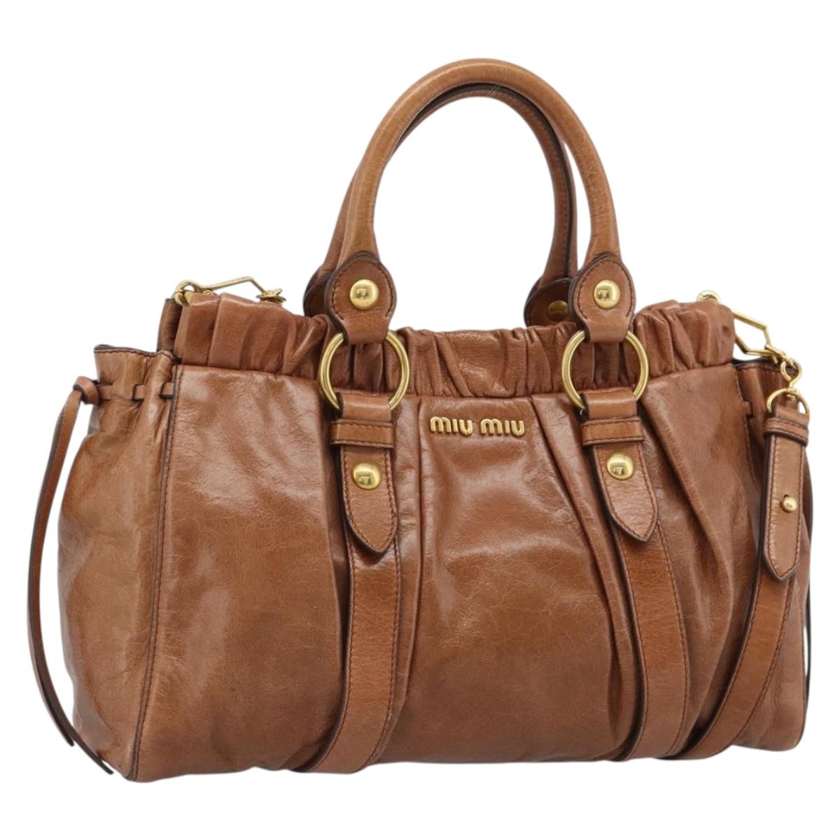 Miu Miu Hand Bag Leather 2way Brown Gold Auth 186443SAM