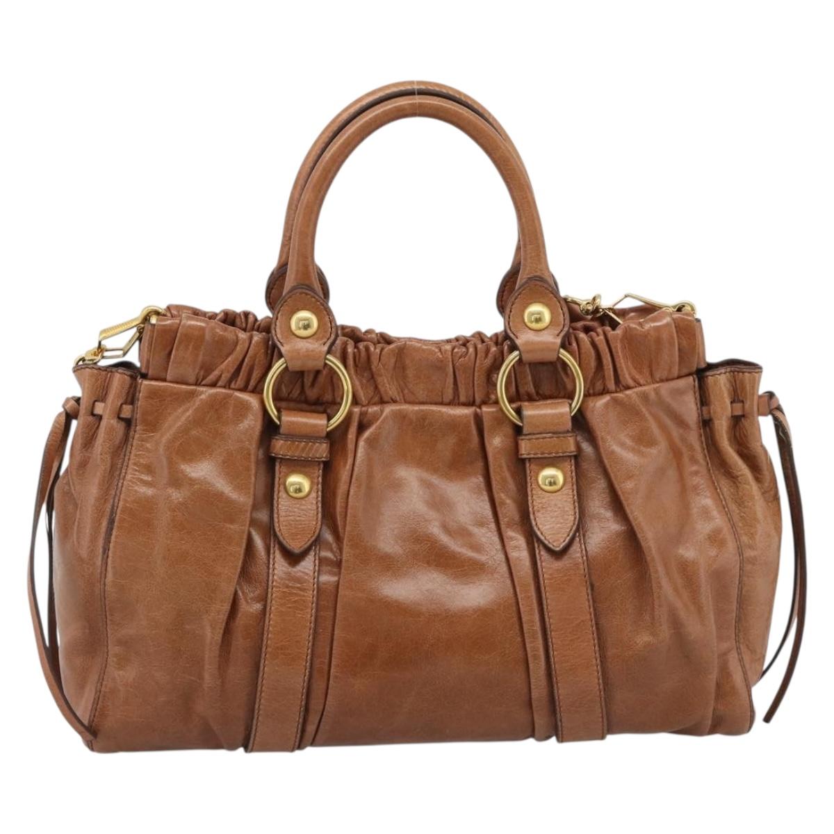 Miu Miu Hand Bag Leather 2way Brown Gold Auth 186443SAM