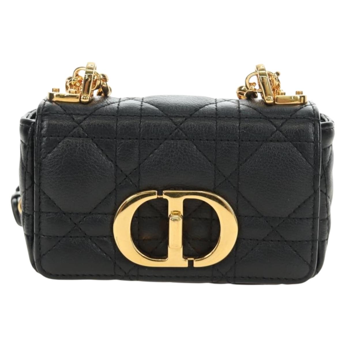 Christian Dior Cannage Caro Chain Pouch Lamb Skin Black Gold Auth 186459SAM