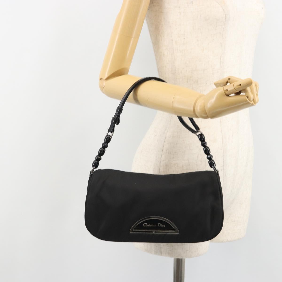 Christian Dior Maris Pearl Shoulder Bag Nylon Black Silver Auth 186460