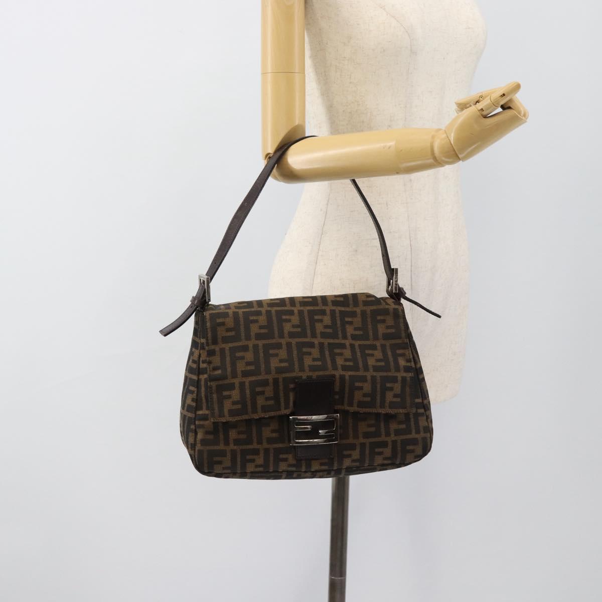 FENDI Zucca Canvas Mamma Baguette Shoulder Bag Black Silver Brown Auth 186462V