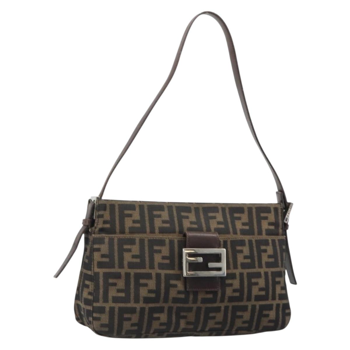 FENDI Zucca Canvas Mamma Baguette Shoulder Bag Black Brown Auth 186464