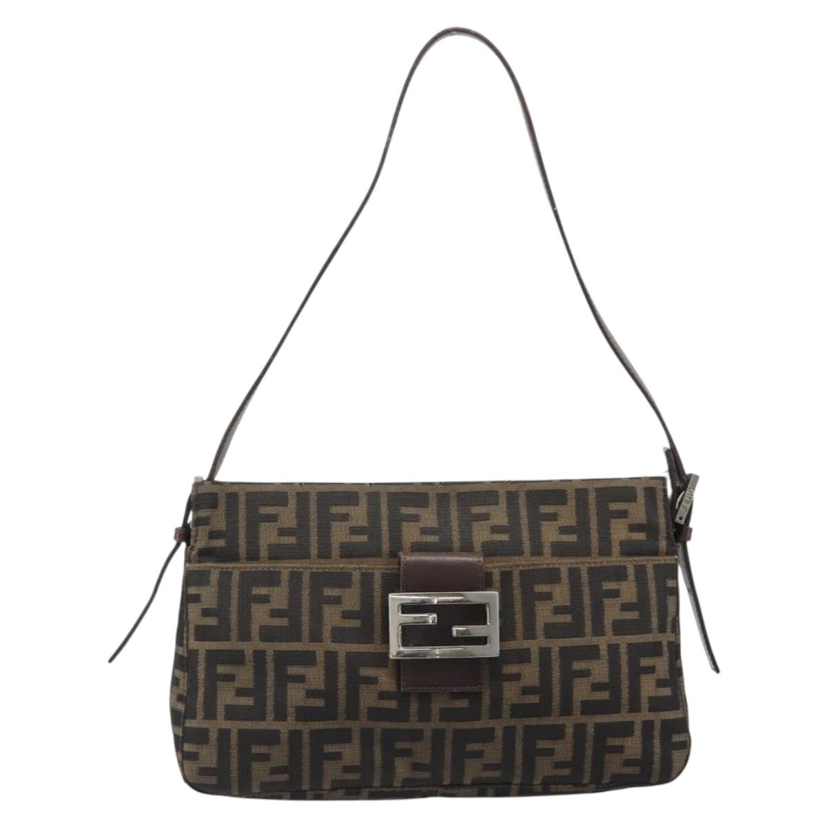 FENDI Zucca Canvas Mamma Baguette Shoulder Bag Black Brown Auth 186464