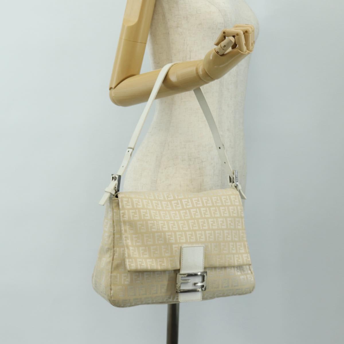 FENDI Zucchino Canvas Mamma Baguette Shoulder Bag White Silver Auth 186466V