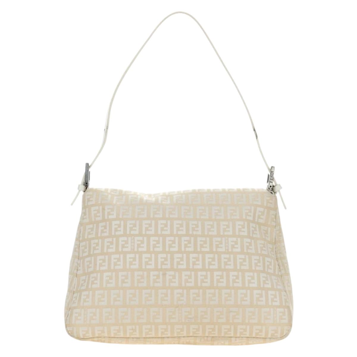 FENDI Zucchino Canvas Mamma Baguette Shoulder Bag White Silver Auth 186466V