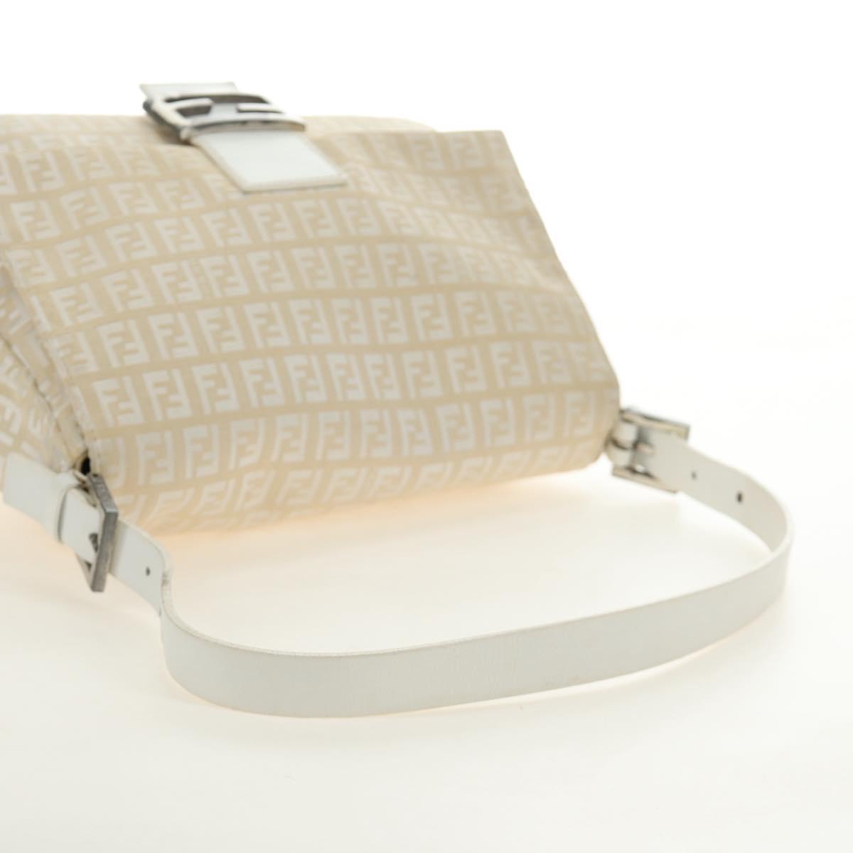 FENDI Zucchino Canvas Mamma Baguette Shoulder Bag White Silver Auth 186466V