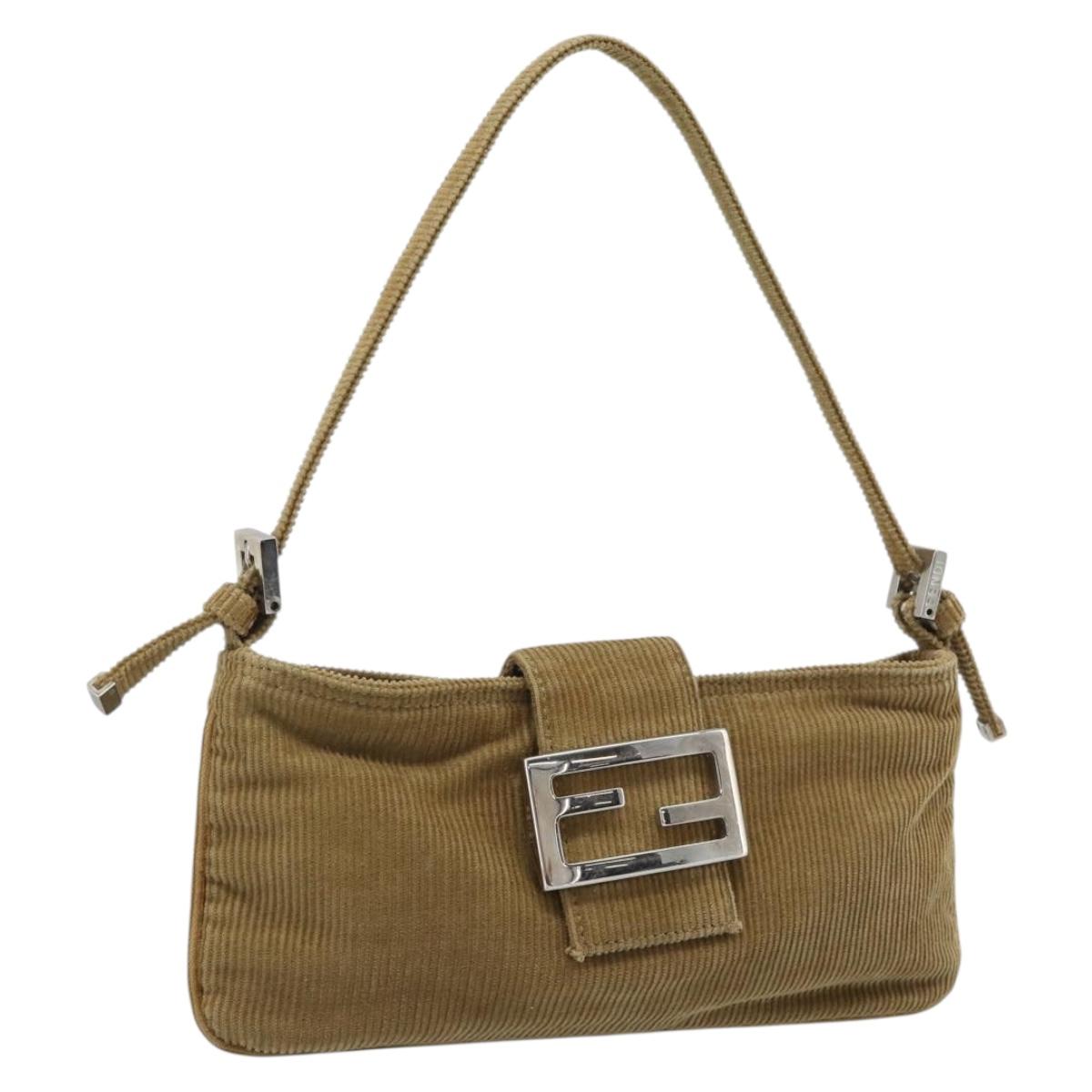FENDI Mamma Baguette Shoulder Bag Corduroy Brown Silver Auth 186467V