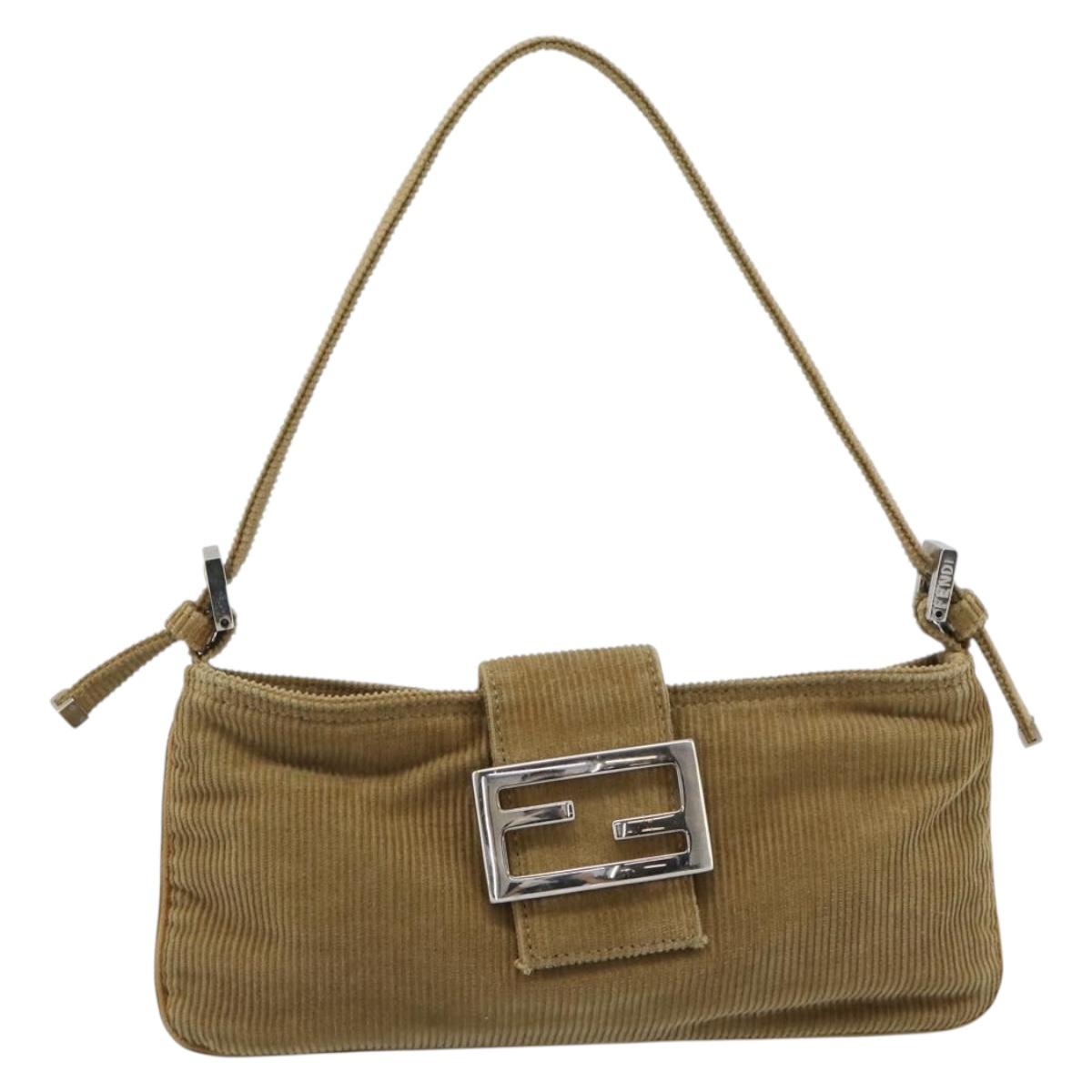 FENDI Mamma Baguette Shoulder Bag Corduroy Brown Silver Auth 186467V