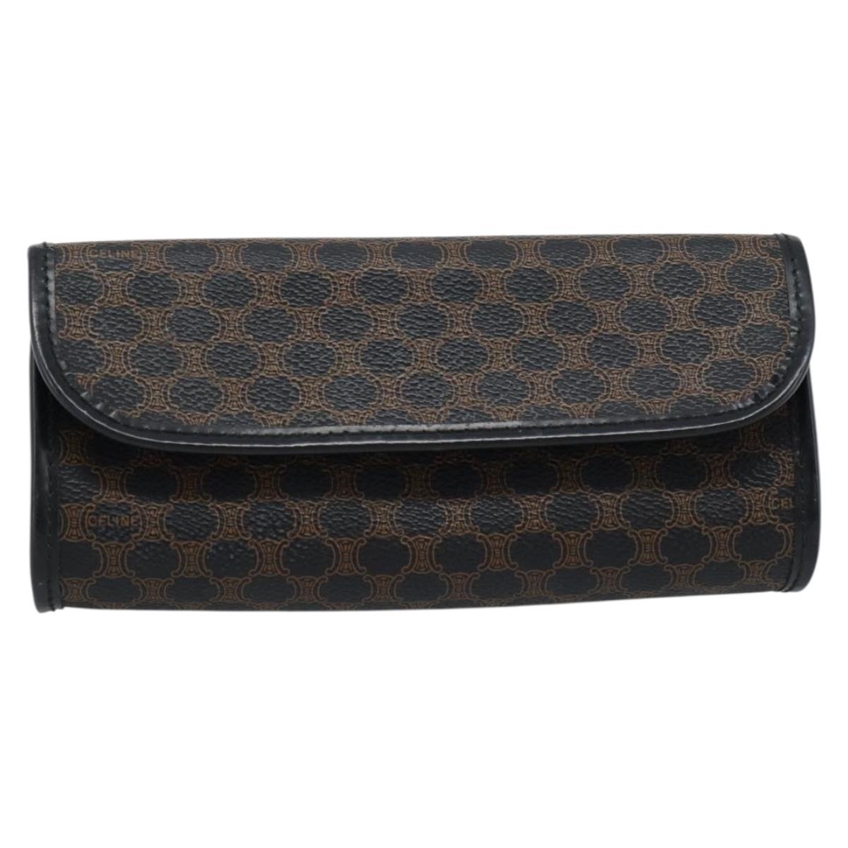 CELINE Macadam Canvas Pouch PVC Leather Black Gold Auth 186542A