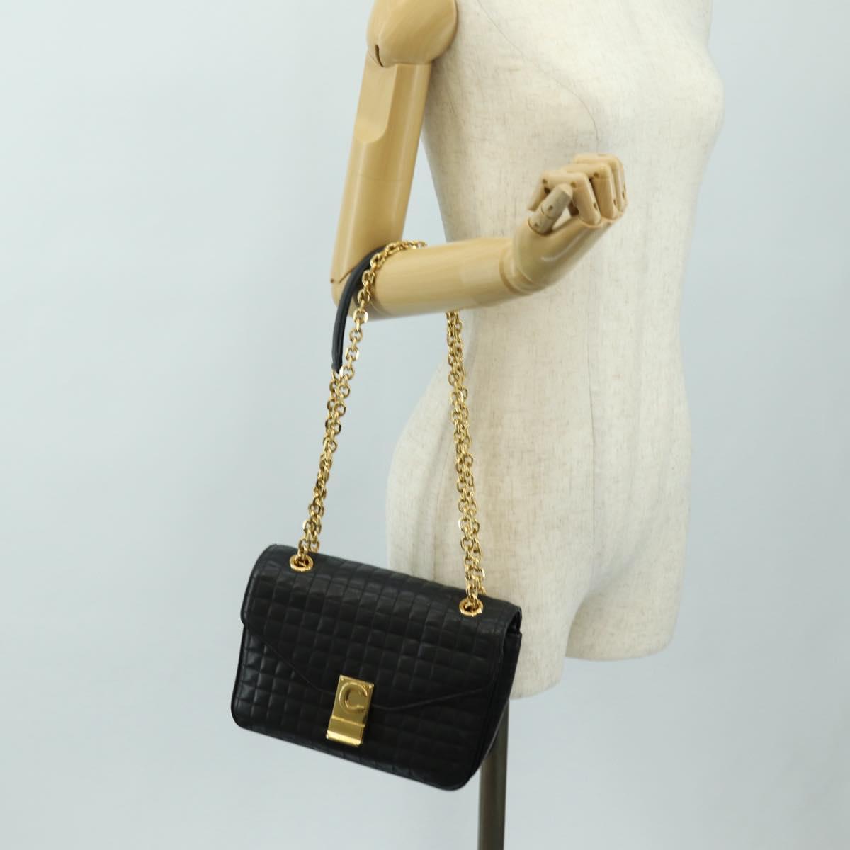 CELINE Chain Shoulder Bag Leather Black Gold Auth 186545SAM