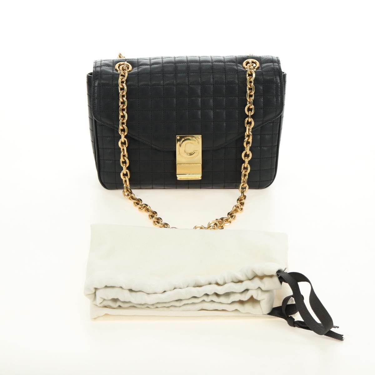 CELINE Chain Shoulder Bag Leather Black Gold Auth 186545SAM