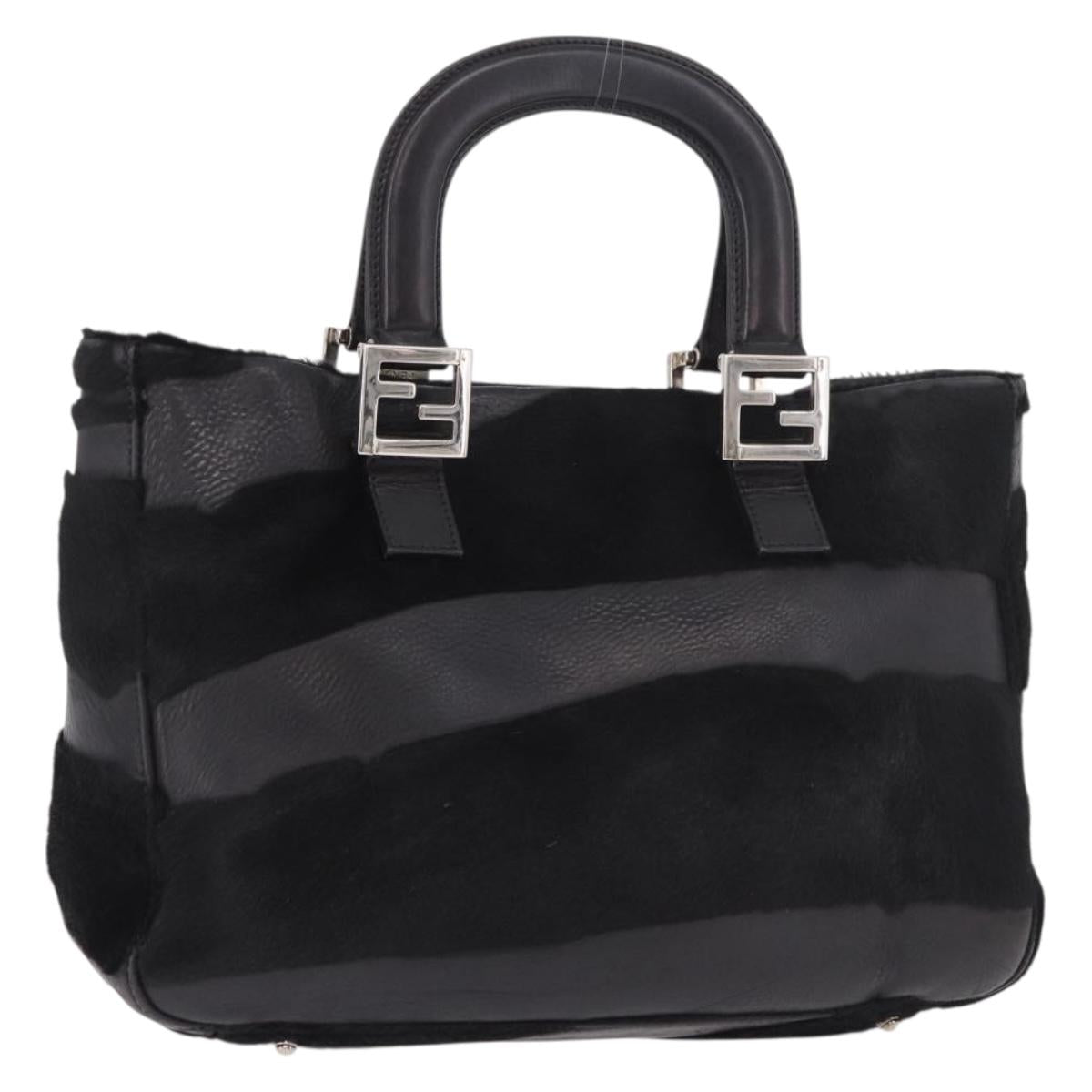 FENDI Hand Bag Harako Leather Black Silver Auth 186561A