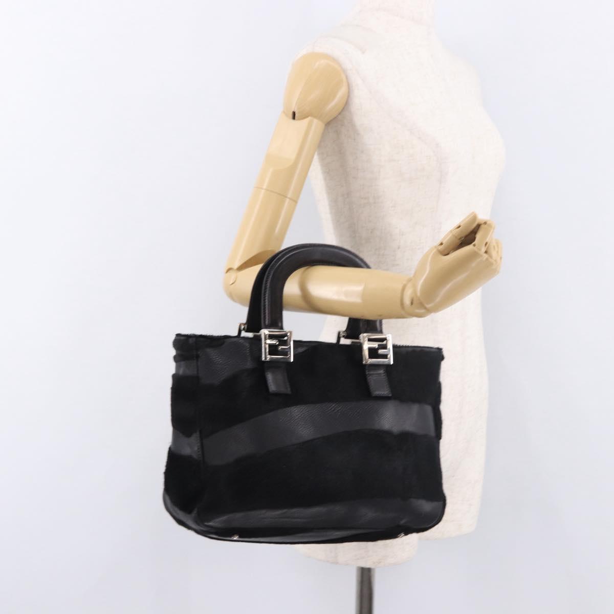 FENDI Hand Bag Harako Leather Black Silver Auth 186561A