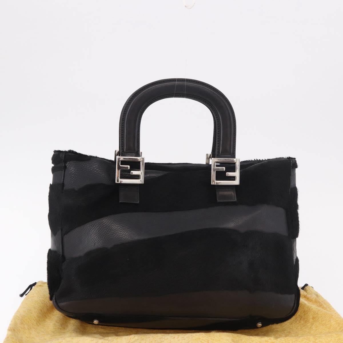 FENDI Hand Bag Harako Leather Black Silver Auth 186561A