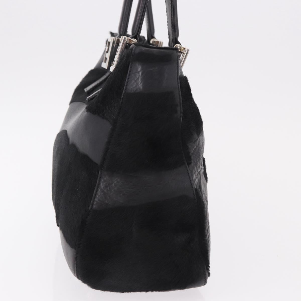FENDI Hand Bag Harako Leather Black Silver Auth 186561A