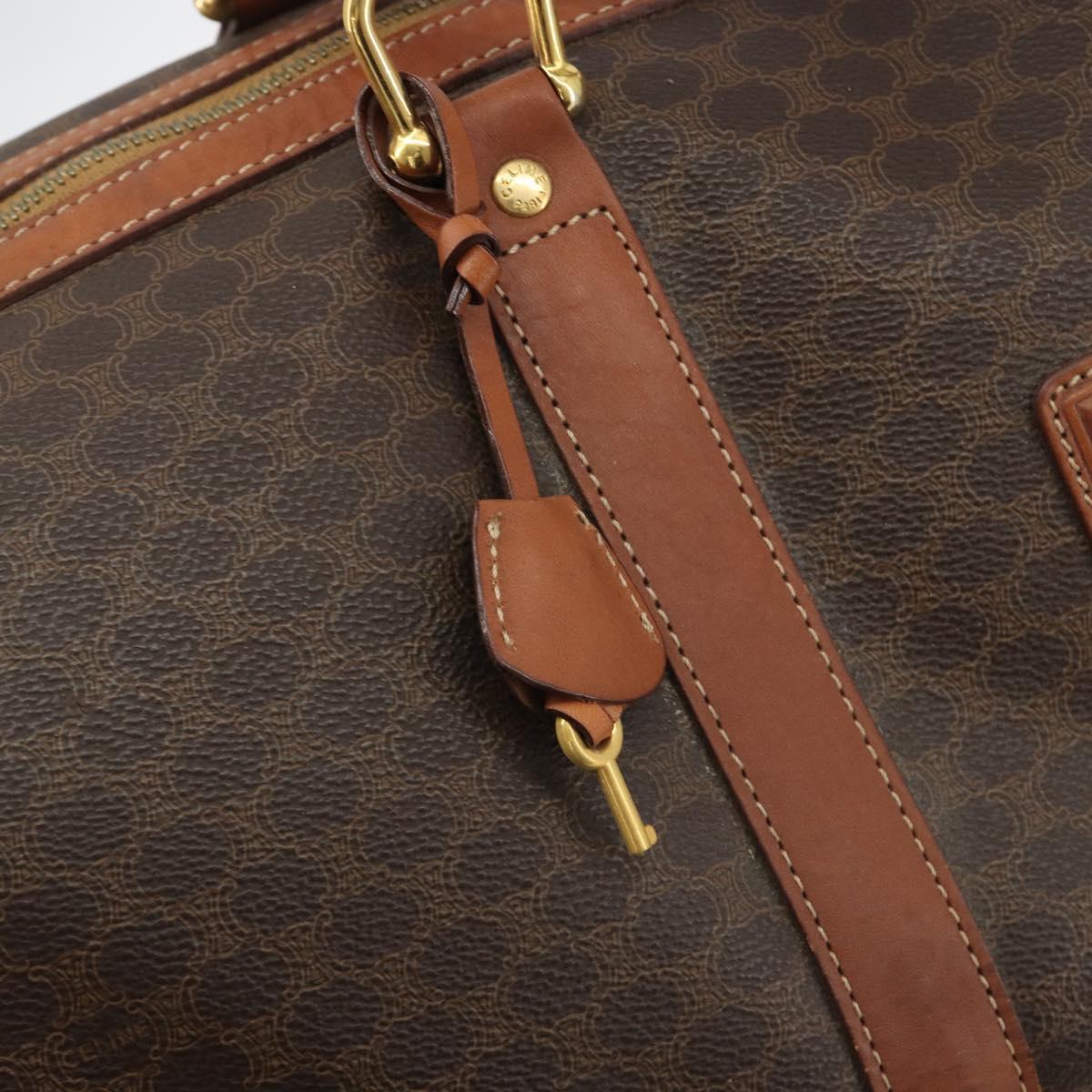 CELINE Macadam Canvas Boston Bag PVC Leather Brown Gold Auth 186570