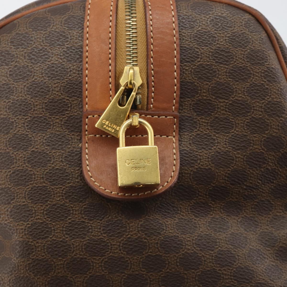 CELINE Macadam Canvas Boston Bag PVC Leather Brown Gold Auth 186570